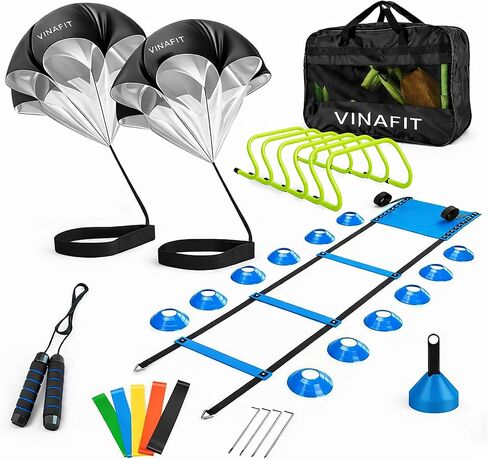 Complete Agility Ladder Training Set - 20ft Speed Ladder, 6 Adjustable Hurdles, 20 Cones, 5 Resistance Bands, 2 Speed Training Parachutes, Jump Rope, Nylon Carry Bag & Stakes in Kuwait
