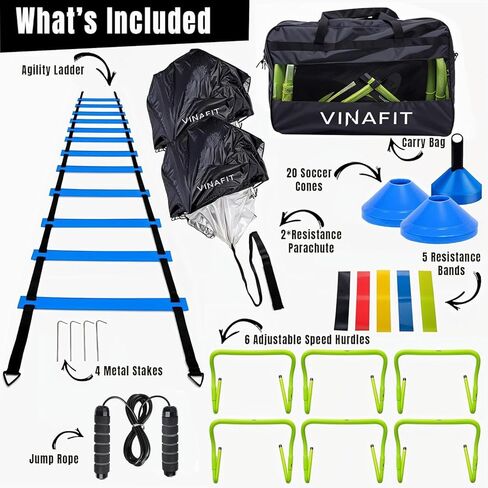 Complete Agility Ladder Training Set - 20ft Speed Ladder, 6 Adjustable Hurdles, 20 Cones, 5 Resistance Bands, 2 Speed Training Parachutes, Jump Rope, Nylon Carry Bag & Stakes in Kuwait