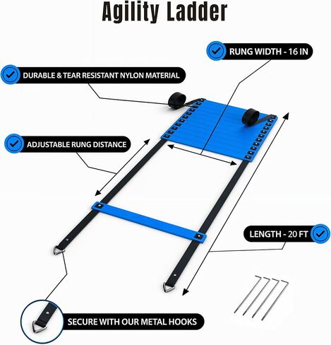Complete Agility Ladder Training Set - 20ft Speed Ladder, 6 Adjustable Hurdles, 20 Cones, 5 Resistance Bands, 2 Speed Training Parachutes, Jump Rope, Nylon Carry Bag & Stakes in Kuwait