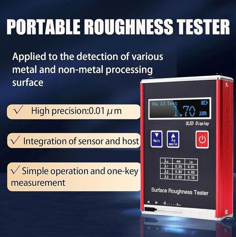 Professional Handheld Roughness Tester Meter,High Accuracy 0.01μm Portable Profilometer with 4 Parameters Ra/Rq 0.05~20μm Rz/Rt 0.1~50μm,Complete Kit with Calibration Block in Kuwait