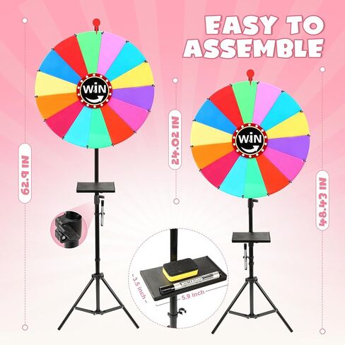 عجلة جائزة دوارة مقاس 24 بوصة، عجلة أسماء دوارة شديدة التحمل بـ 14 لونًا للجوائز، حامل سطح المكتب والأرضية قابل للتعديل، عجلات روليت الحظ لجوائز الكازينو DIY للعائلة والحفلات والكرنفالات والمعارض التجارية in Kuwait