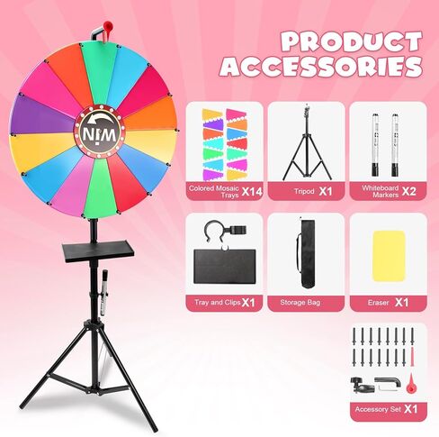 عجلة جائزة دوارة مقاس 24 بوصة، عجلة أسماء دوارة شديدة التحمل بـ 14 لونًا للجوائز، حامل سطح المكتب والأرضية قابل للتعديل، عجلات روليت الحظ لجوائز الكازينو DIY للعائلة والحفلات والكرنفالات والمعارض التجارية in Kuwait