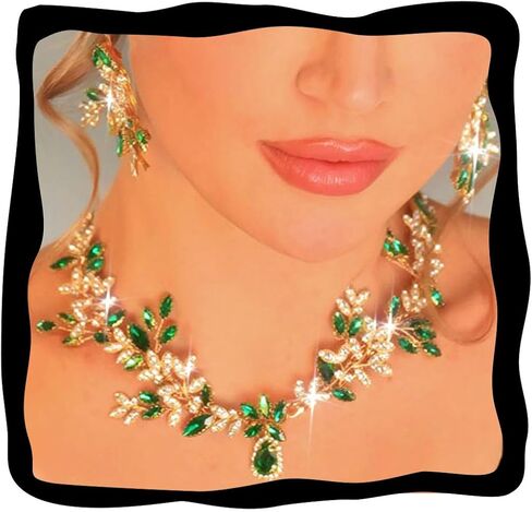 Aukmla Green Crystal Bridal Jewelry Set Gold Rhinestones Wedding Necklaces Earrings Sets Pearl Prom Costume Jewelry for Women and Brides in Kuwait