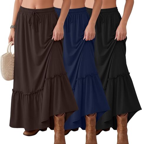 Ficerd 3 Pack Women's Boho Maxi Skirts, Long Tiered Skirt Flowy Ruffle High Waist Drawsting Casual Dress with Pockets in Saudi Arabia