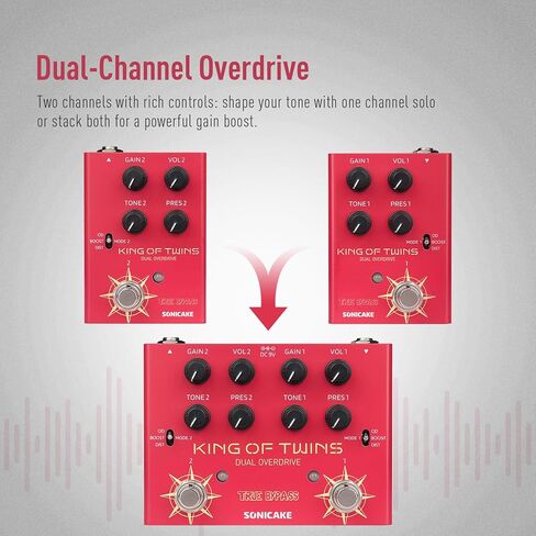 SONICAKE Overdrive Pedal, Dual Channel 3 Modes - Overdrive/Boost/Distortion Compact Effects Pedal for Bass Electric Guitar, Pure Analog Circuit, True Bypass - King of Twins QDS-08 in Kuwait