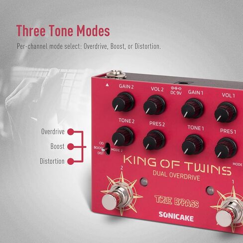 SONICAKE Overdrive Pedal, Dual Channel 3 Modes - Overdrive/Boost/Distortion Compact Effects Pedal for Bass Electric Guitar, Pure Analog Circuit, True Bypass - King of Twins QDS-08 in Kuwait