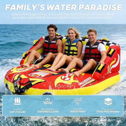 Towable Tube for Boating, 72" 1-3 Person Boat Tubes for Tubing, Inflatable Sofa Boat Tube with Front & Back Tow Points, 0.65mm PVC & 840D Nylon Cover, for Lake River Water Sports Fun in Kuwait