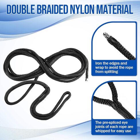 4 PCS 3/8 in × 15 FT Boat Dock Lines, Nylon Dock Line Double Braided, Boat Rope for Docking with 12 in Loop, Marine-Grade Docking Ropes for Boats, Black in Saudi Arabia