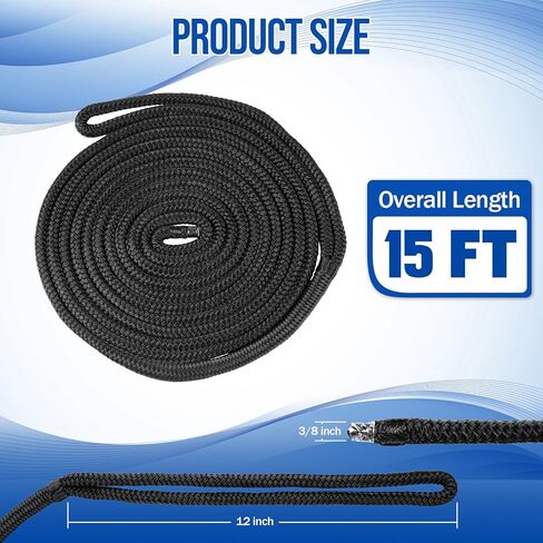 4 PCS 3/8 in × 15 FT Boat Dock Lines, Nylon Dock Line Double Braided, Boat Rope for Docking with 12 in Loop, Marine-Grade Docking Ropes for Boats, Black in Saudi Arabia