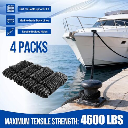 4 PCS 3/8 in × 15 FT Boat Dock Lines, Nylon Dock Line Double Braided, Boat Rope for Docking with 12 in Loop, Marine-Grade Docking Ropes for Boats, Black in Saudi Arabia