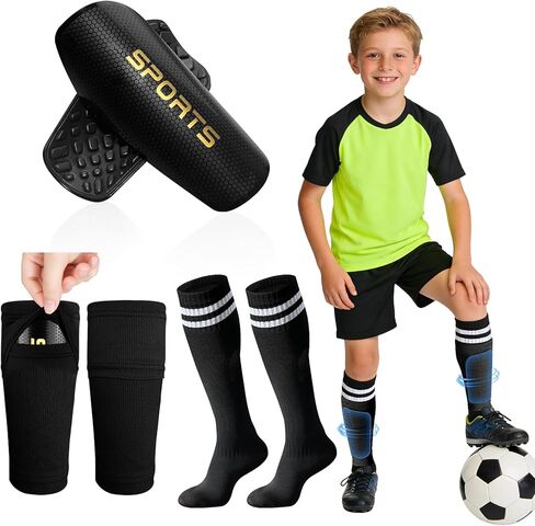 Soccer Shin Guards for Kids, Youth and Adults, Includes Optimized Pocketed Shin Guard Sleeves & Grip Socks - Protective Soccer for Boys and Girls Aged 3-15 in Saudi Arabia