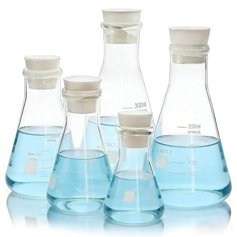 SOUJOY Erlenmeyer Flask Set, 5 Sizes 3.3 Borosilicate Glass Conical Flask with Rubber Stopper, Narrow Mouth Graduated Beaker for Lab, Chemistry Experiment, Science (300ml, 250ml, 150ml, 100ml, 50ml) in Saudi Arabia