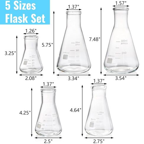 SOUJOY Erlenmeyer Flask Set, 5 Sizes 3.3 Borosilicate Glass Conical Flask with Rubber Stopper, Narrow Mouth Graduated Beaker for Lab, Chemistry Experiment, Science (300ml, 250ml, 150ml, 100ml, 50ml) in Saudi Arabia