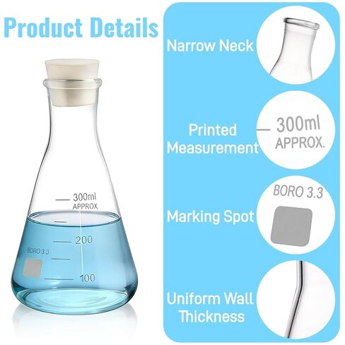 SOUJOY Erlenmeyer Flask Set, 5 Sizes 3.3 Borosilicate Glass Conical Flask with Rubber Stopper, Narrow Mouth Graduated Beaker for Lab, Chemistry Experiment, Science (300ml, 250ml, 150ml, 100ml, 50ml) in Saudi Arabia