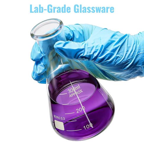 SOUJOY Erlenmeyer Flask Set, 5 Sizes 3.3 Borosilicate Glass Conical Flask with Rubber Stopper, Narrow Mouth Graduated Beaker for Lab, Chemistry Experiment, Science (300ml, 250ml, 150ml, 100ml, 50ml) in Saudi Arabia