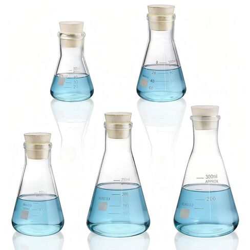 SOUJOY Erlenmeyer Flask Set, 5 Sizes 3.3 Borosilicate Glass Conical Flask with Rubber Stopper, Narrow Mouth Graduated Beaker for Lab, Chemistry Experiment, Science (300ml, 250ml, 150ml, 100ml, 50ml) in Saudi Arabia