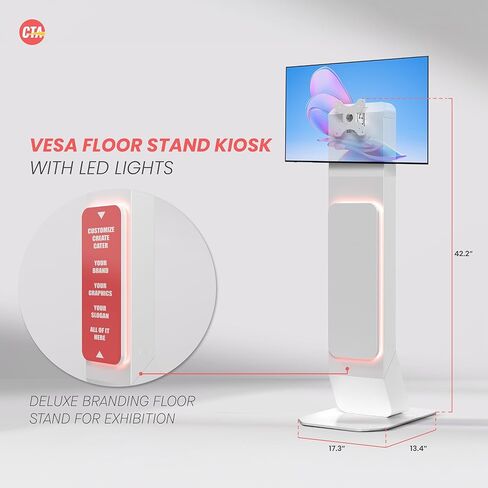 Brandable Kiosk Floor Stand for Displays – with Custom Branding Panel & LED Lights VESA 75x75 100x100 Monitor TV Tablet Displays – Lockable Secure (ADD-VFSKLED) in Saudi Arabia
