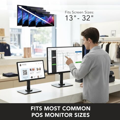 Mount-It! POS Monitor Stand, Adjustable Desktop VESA Mount for 13–32 Inch Screens, Height Adjustable Full Motion Swivel Tilt Rotation, Freestanding or Bolt-Down Base for Retail, Kiosks, Checkout in Kuwait