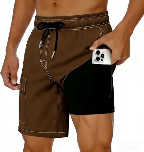 سروال سباحة رجالي مع بطانة ضغط 2 في 1 شورت سباحة صيفي للشاطئ 7 بوصة مع جيوب in Kuwait