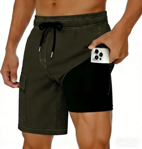 Mens Swim Trunks with Compression Liner 2 in 1 Swim Shorts Summer Beach 7 inch Board Shorts with Pockets in Saudi Arabia