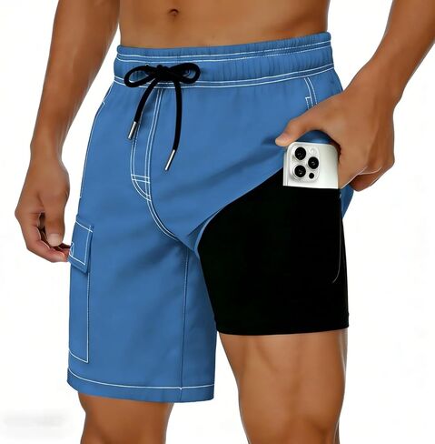 Mens Swim Trunks with Compression Liner 2 in 1 Swim Shorts Summer Beach 7 inch Board Shorts with Pockets in Saudi Arabia