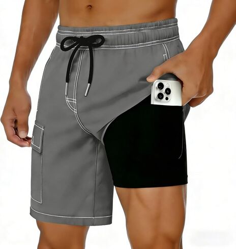 Mens Swim Trunks with Compression Liner 2 in 1 Swim Shorts Summer Beach 7 inch Board Shorts with Pockets in Saudi Arabia