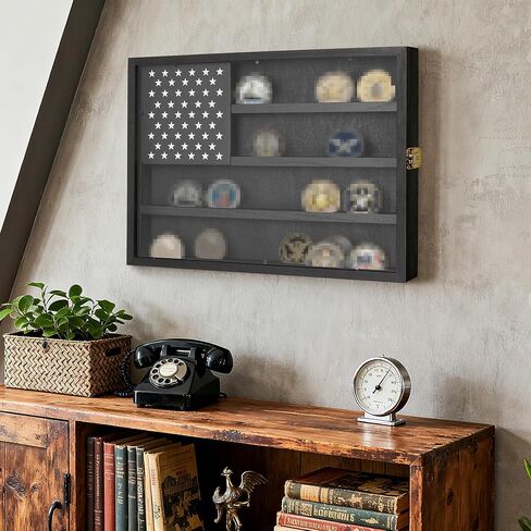 Challenge Coin Display Case, 4-Row Wooden Challenge Coin Holder Display with Double-Groove Shelves, Lock & Acrylic Door, for Military Medals, Casino Poker Chips, Collectibles, Black in Saudi Arabia