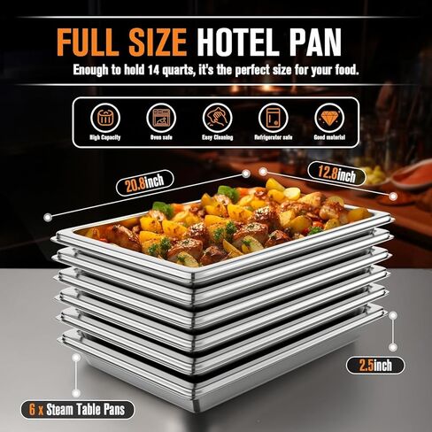 Hotel Pans Full Size 2.5" Deep, Restaurant Supplies Stainless Steam Table Pans 1/1 Size 22 Gauge Commercial Food Pans, 6 Pack Anti Catering Pans in Kuwait