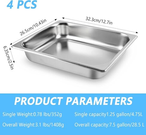 4-Pack 1/2 Half Size Steam Table Pans, 2.5 Inch Deep Restaurant Steam Table Pans Commercial, Hotel Pan Made of 201 Gauge Stainless Steel in Saudi Arabia