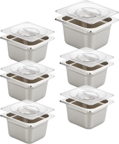 HECMAC 6 عبوات من مقلاة الفندق المضادة للمربى مع غطاء عادي شفاف، مقاس 1/6 عمق 4 بوصة، شديدة التحمل، مقلاة طاولة بخار تجارية من الفولاذ المقاوم للصدأ، مقلاة طعام معدنية لتخزين الطعام، 23 مقياس in Kuwait