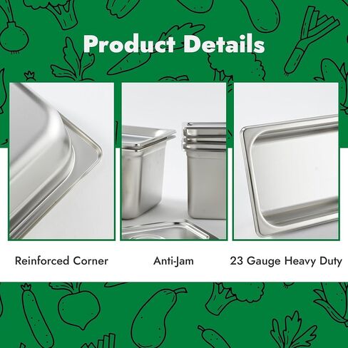 HECMAC 6 عبوات من مقلاة الفندق المضادة للمربى مع غطاء عادي شفاف، مقاس 1/6 عمق 4 بوصة، شديدة التحمل، مقلاة طاولة بخار تجارية من الفولاذ المقاوم للصدأ، مقلاة طعام معدنية لتخزين الطعام، 23 مقياس in Kuwait