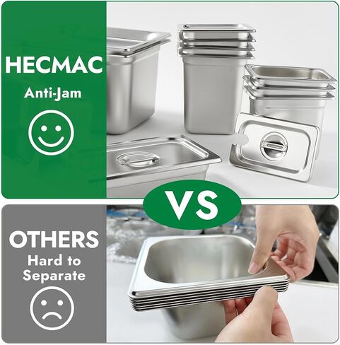 HECMAC 6 عبوات من مقلاة الفندق المضادة للمربى مع غطاء عادي شفاف، مقاس 1/6 عمق 4 بوصة، شديدة التحمل، مقلاة طاولة بخار تجارية من الفولاذ المقاوم للصدأ، مقلاة طعام معدنية لتخزين الطعام، 23 مقياس in Kuwait