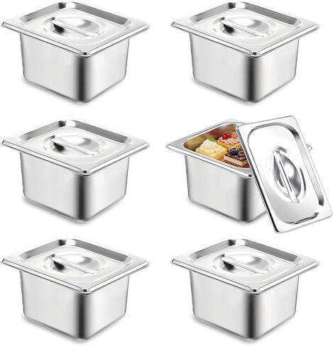 6 عبوات من مقالي الفنادق مع غطاء، مجموعة مقالي طاولة بخار بحجم 1/6 للطعام، مقلاة تقديم طعام تجارية عميقة مقاس 4 بوصات من الفولاذ المقاوم للصدأ مقالي بخار للفنادق والبوفيه والمطاعم والحفلات in Kuwait