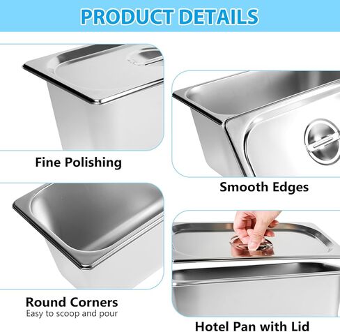 6 عبوات من مقالي الفنادق مع غطاء، مجموعة مقالي طاولة بخار بحجم 1/6 للطعام، مقلاة تقديم طعام تجارية عميقة مقاس 4 بوصات من الفولاذ المقاوم للصدأ مقالي بخار للفنادق والبوفيه والمطاعم والحفلات in Kuwait
