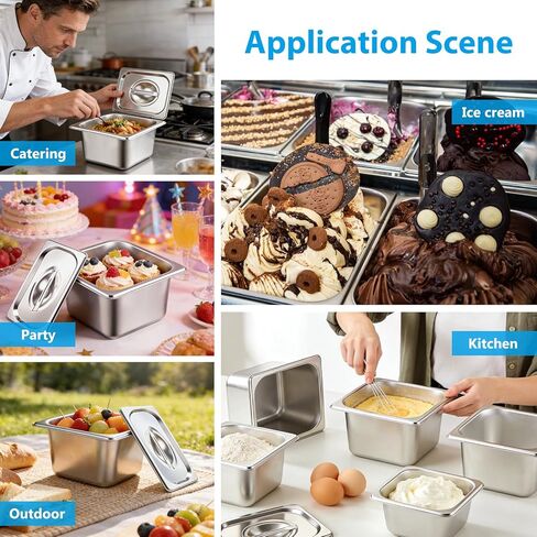 6 عبوات من مقالي الفنادق مع غطاء، مجموعة مقالي طاولة بخار بحجم 1/6 للطعام، مقلاة تقديم طعام تجارية عميقة مقاس 4 بوصات من الفولاذ المقاوم للصدأ مقالي بخار للفنادق والبوفيه والمطاعم والحفلات in Kuwait