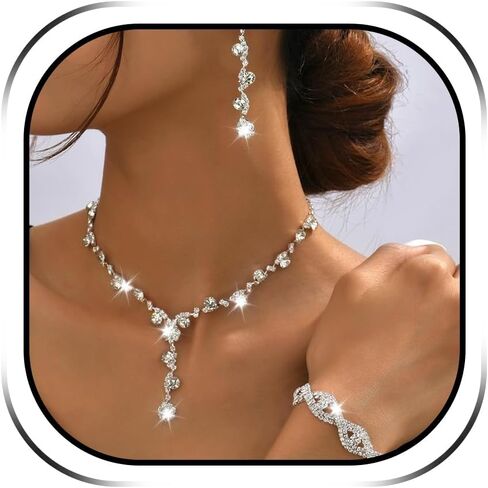 Aonklot Silver Jewelry Set for Women Rhinestone Necklace and Earrings Sets for Women Wedding Jewelry Sets for Brides Formal Costume Jewelry Accessories for Women and Brides in Kuwait