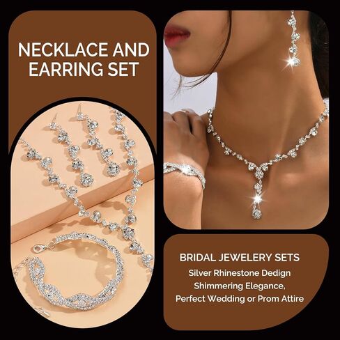 Aonklot Silver Jewelry Set for Women Rhinestone Necklace and Earrings Sets for Women Wedding Jewelry Sets for Brides Formal Costume Jewelry Accessories for Women and Brides in Kuwait