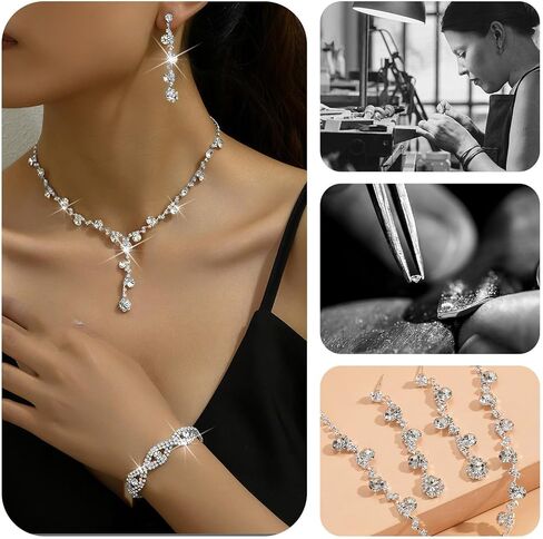 Aonklot Silver Jewelry Set for Women Rhinestone Necklace and Earrings Sets for Women Wedding Jewelry Sets for Brides Formal Costume Jewelry Accessories for Women and Brides in Kuwait