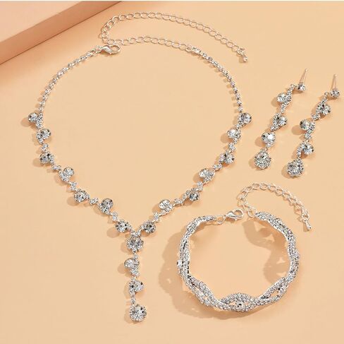 Aonklot Silver Jewelry Set for Women Rhinestone Necklace and Earrings Sets for Women Wedding Jewelry Sets for Brides Formal Costume Jewelry Accessories for Women and Brides in Kuwait