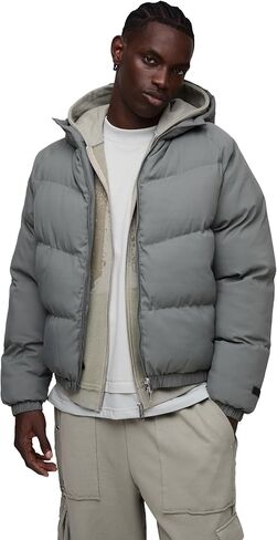Man Regular Fit Hooded Puffer Coat In Grey in Saudi Arabia
