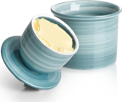 Sweese Elegant Embossed Butter Dish with Recess - Butter Crock for Counter with Water Line for Spreadable Butter - French Butter Keeper with Lid - No More Hard Butter - White in Kuwait