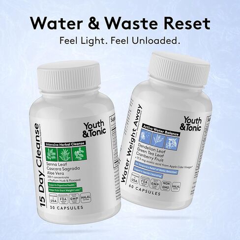 Youth & Tonic Water & Waste Reset – Water Weight Away & 15 Day Cleanse Pills for Digestive Cleanse, Fluid Retention, Colon Cleanser, Gut Detox & Bloating Support for Women & Men – 90 Capsules in Kuwait