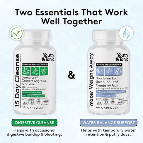 Youth & Tonic Water & Waste Reset – Water Weight Away & 15 Day Cleanse Pills for Digestive Cleanse, Fluid Retention, Colon Cleanser, Gut Detox & Bloating Support for Women & Men – 90 Capsules in Kuwait