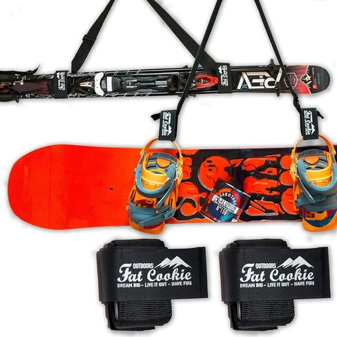 Fat Cookie Outdoors Ski and Pole Carrier Strap 2 Pack Set for Carrying Snowboard, Skis and Poles. Pair of Ski Carrier Straps with Adjustable Shoulder Sling for Kids, Men and Women. in Kuwait