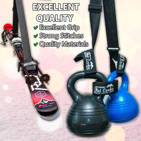 Fat Cookie Outdoors Ski and Pole Carrier Strap 2 Pack Set for Carrying Snowboard, Skis and Poles. Pair of Ski Carrier Straps with Adjustable Shoulder Sling for Kids, Men and Women. in Kuwait