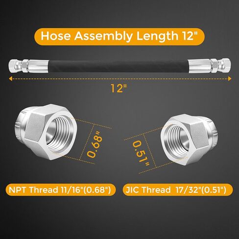 مجموعة خرطوم هيدروليكي 3/8 بوصة، 12 بوصة، مع تركيبات دوارة أنثى 3/8 بوصة JIC 37 درجة (طرفين)، SAE 100R2AT 2 سلك جديلة، 4785 رطل لكل بوصة مربعة، -40 درجة فهرنهايت إلى +250 درجة فهرنهايت in Kuwait