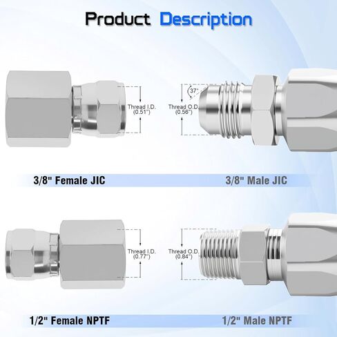 1/2 بوصة NPTF أنثى × 3/8 بوصة JIC 37 درجة تركيب محول الأنابيب الدوارة 6506-08-06، موصل خرطوم هيدروليكي للأنظمة الهيدروليكية ومعدات البناء والزراعة، وصلات أنابيب مستقيمة من الصلب الكربوني (قطعتان) in Kuwait