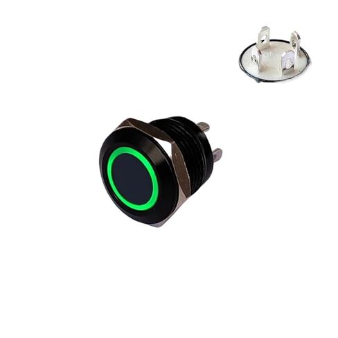 مفتاح زر معدني أسود صغير جدًا 12 مم IP65 LED 3V-24V 50mA بدون قفل شعار حلقة التبديل لاستبدال لوحة أجهزة الكمبيوتر (حلقة خضراء 12 مم، LED 12-24 فولت) in Kuwait