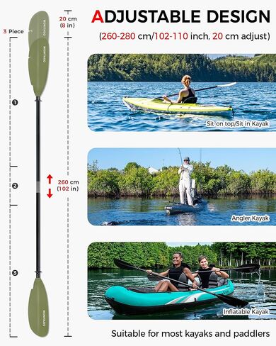 مجداف كاياك مع عمود من الألياف الزجاجية وشفرة بلاستيكية، مجذاف كاياك قابل للتعديل، 86-94 بوصة (220-240 سم)، 94-102 بوصة (240-260 سم)، 102-110 بوصة (260-280 سم) in Kuwait