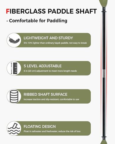 مجداف كاياك مع عمود من الألياف الزجاجية وشفرة بلاستيكية، مجذاف كاياك قابل للتعديل، 86-94 بوصة (220-240 سم)، 94-102 بوصة (240-260 سم)، 102-110 بوصة (260-280 سم) in Kuwait